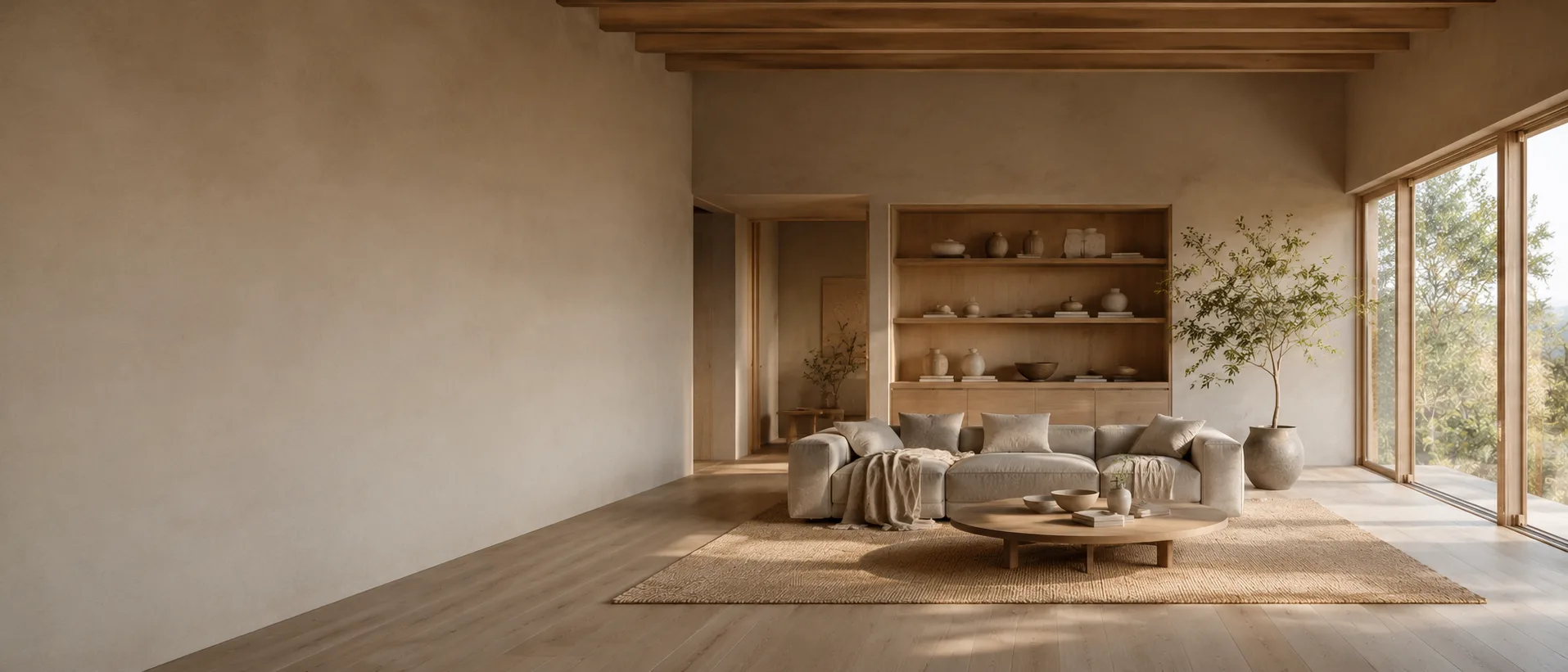 Sunlit minimal living room: linen sofa, round oak coffee table, built-in shelving and a tall window onto greenery
