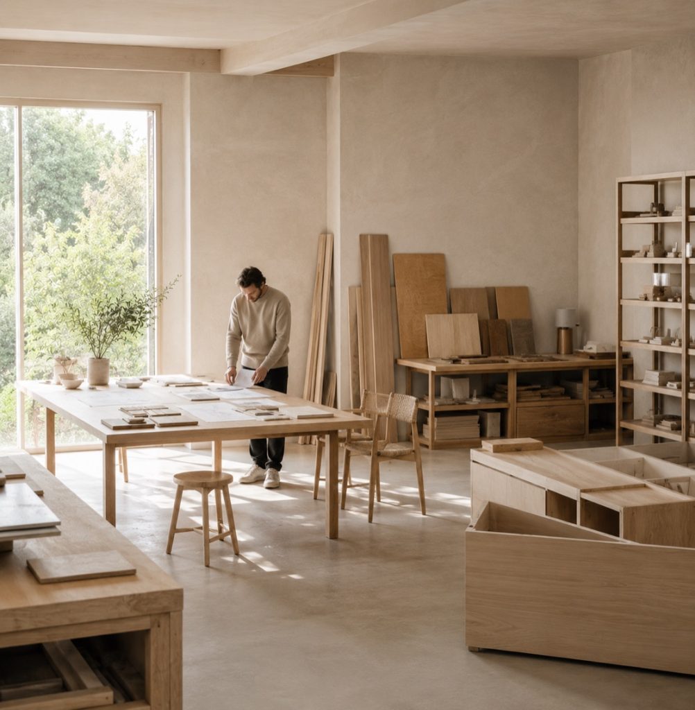 A designer laying out drawings and material samples on a studio table