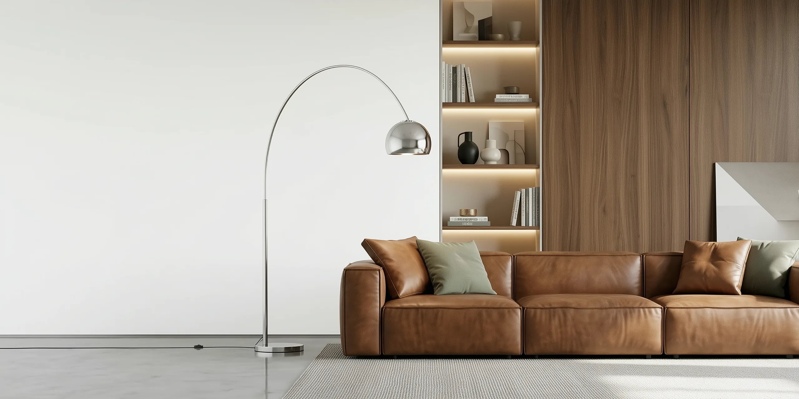 A tan leather sofa under an arc lamp, beside a lit shelving wall in oak