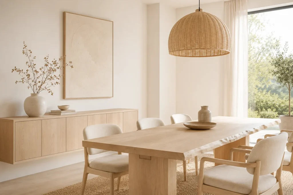 A pale oak dining table with a live edge, a wall-hung sideboard and a rattan pendant over it