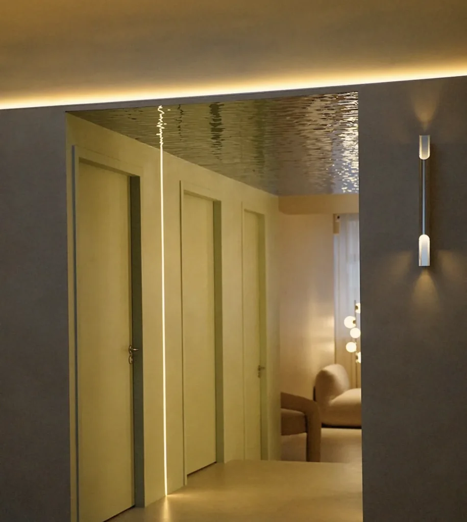 Doors to the private rooms along a corridor washed in warm cove light under a steel ceiling