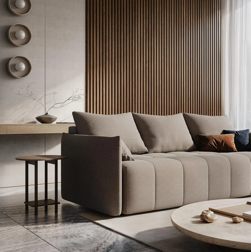 Living room with a beige modular sofa, a slatted walnut wall and a round stone coffee table